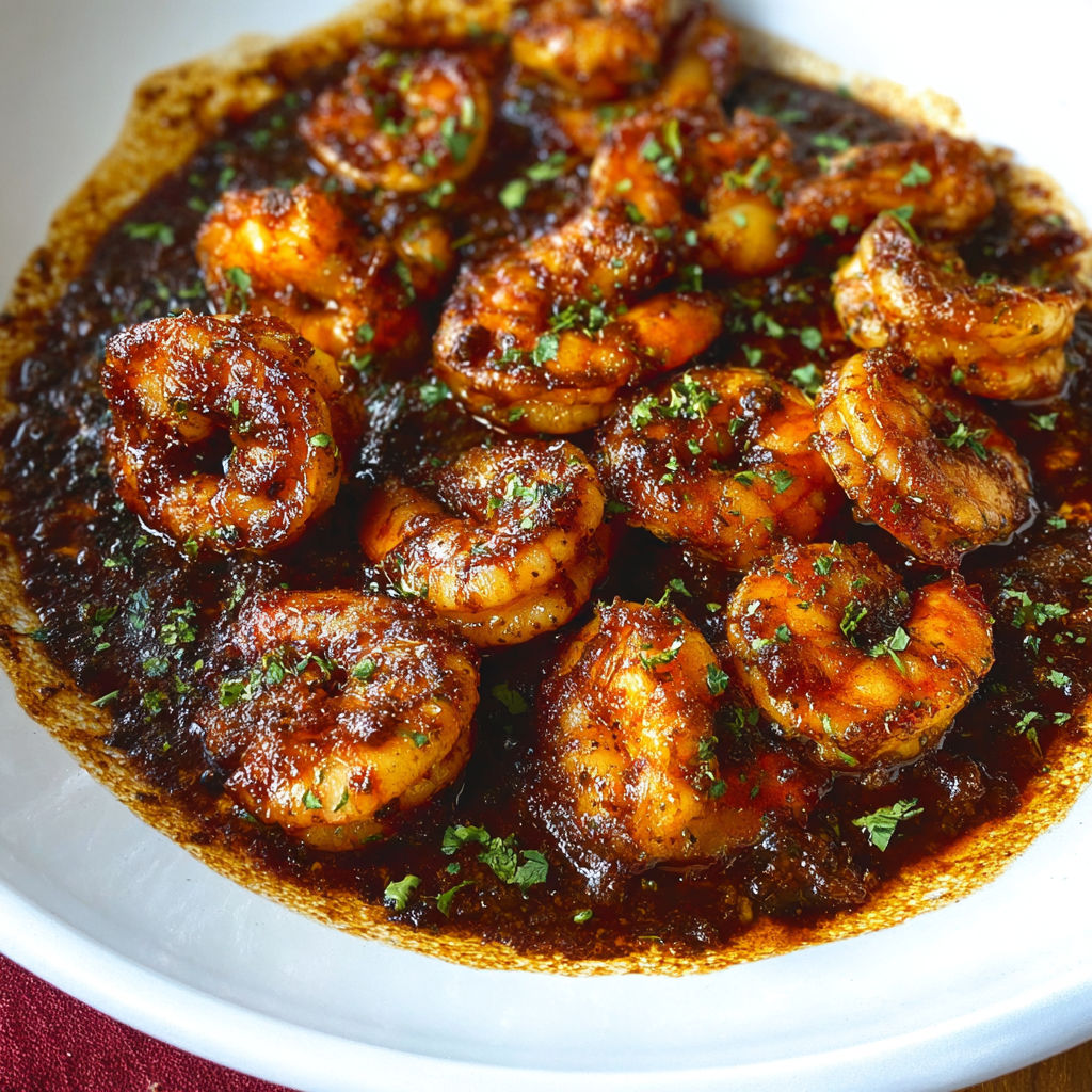 A plate of shrimp with a brown sauce.