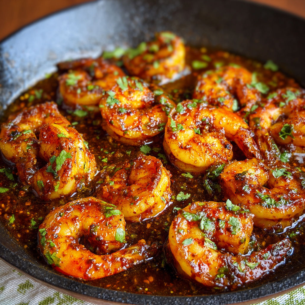 A pan of shrimp with a brown sauce.