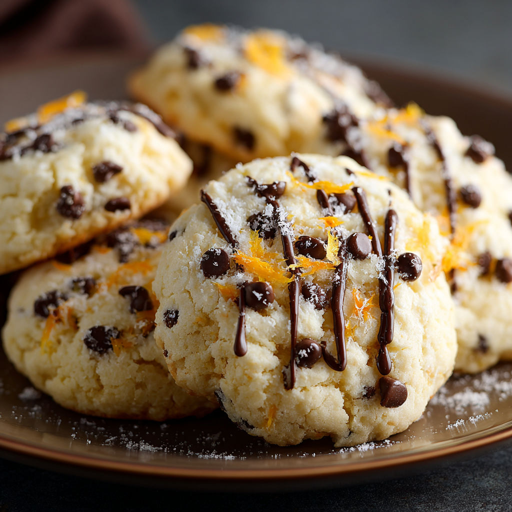 A plate of cookies with chocolate and orange drizzle.