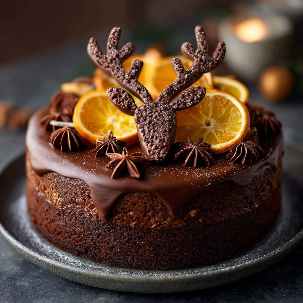 A chocolate cake with a deer head on top.