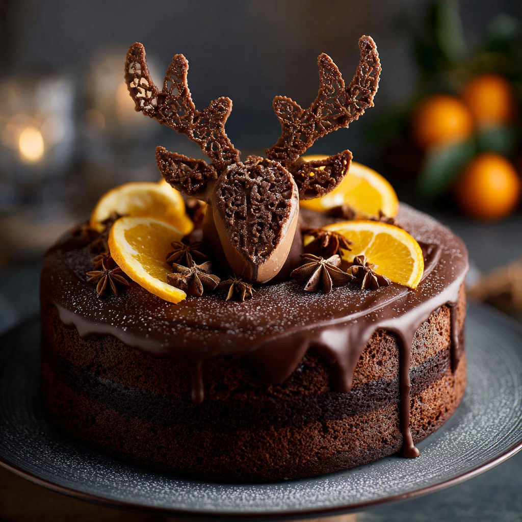 A chocolate cake with a deer head on top.