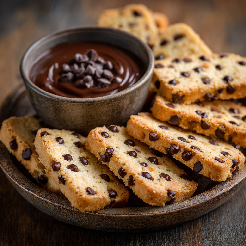A plate of cookies with chocolate chips and a bowl of chocolate sauce.