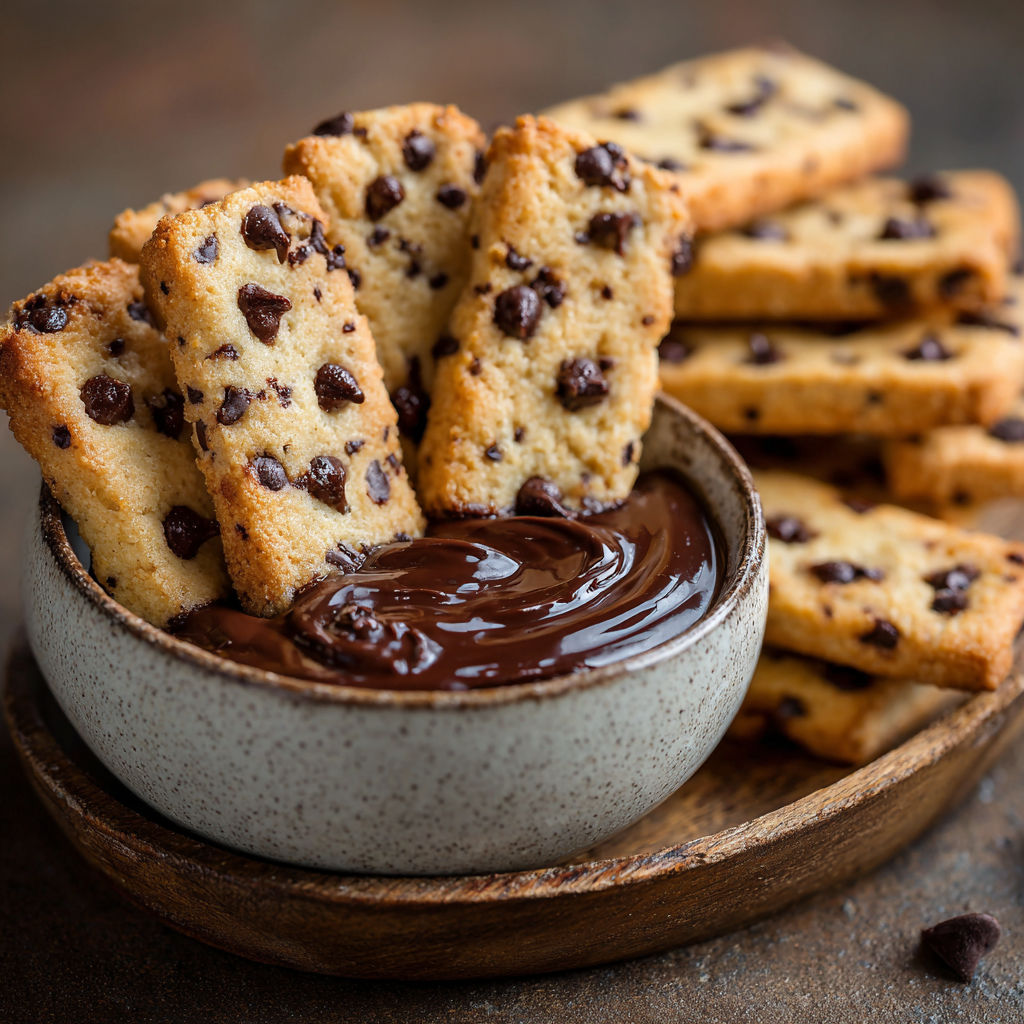 A bowl of chocolate sauce with chocolate chip cookies.