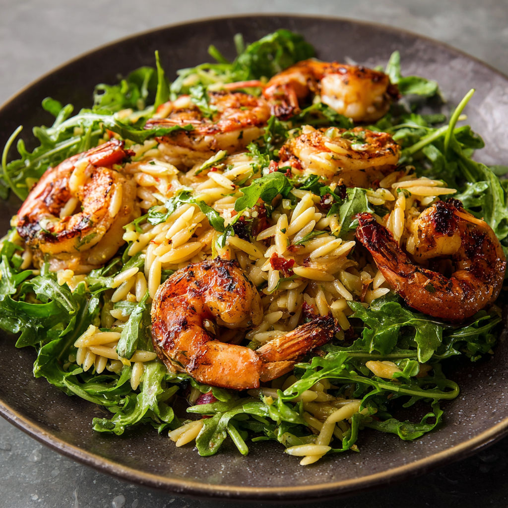 A plate of grilled shrimp, orzo, and arugula salad.