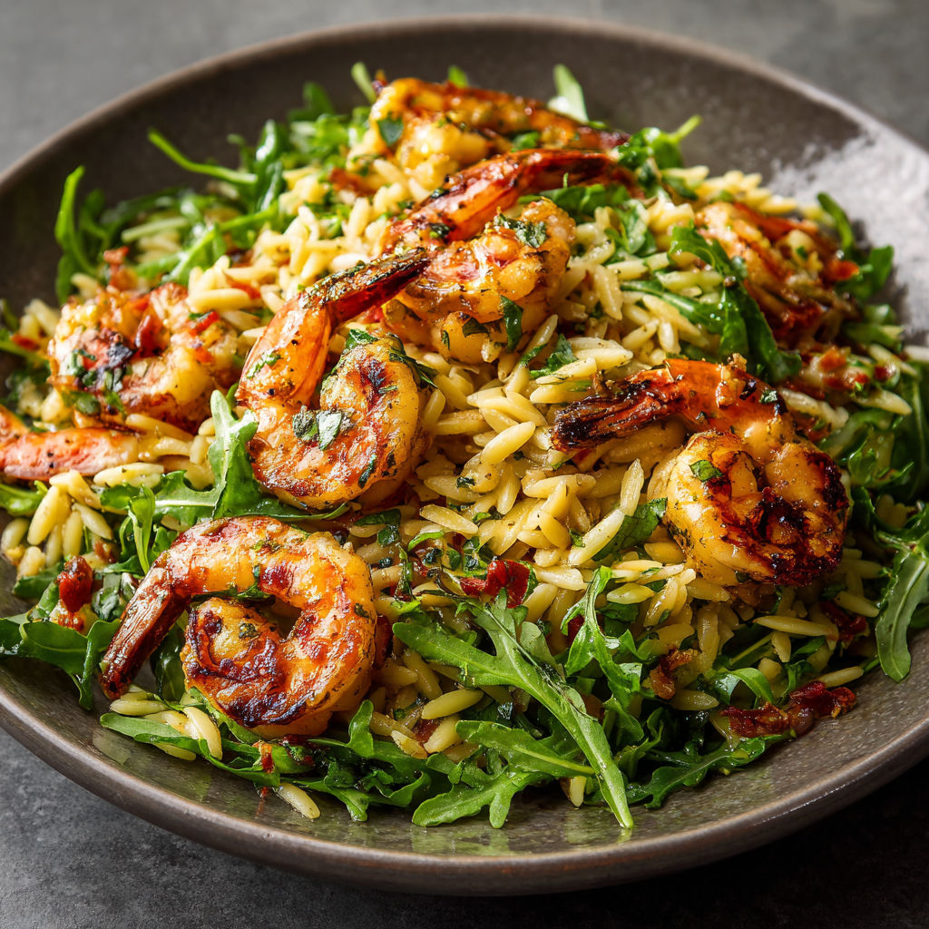 A bowl of grilled shrimp, orzo, and arugula salad.