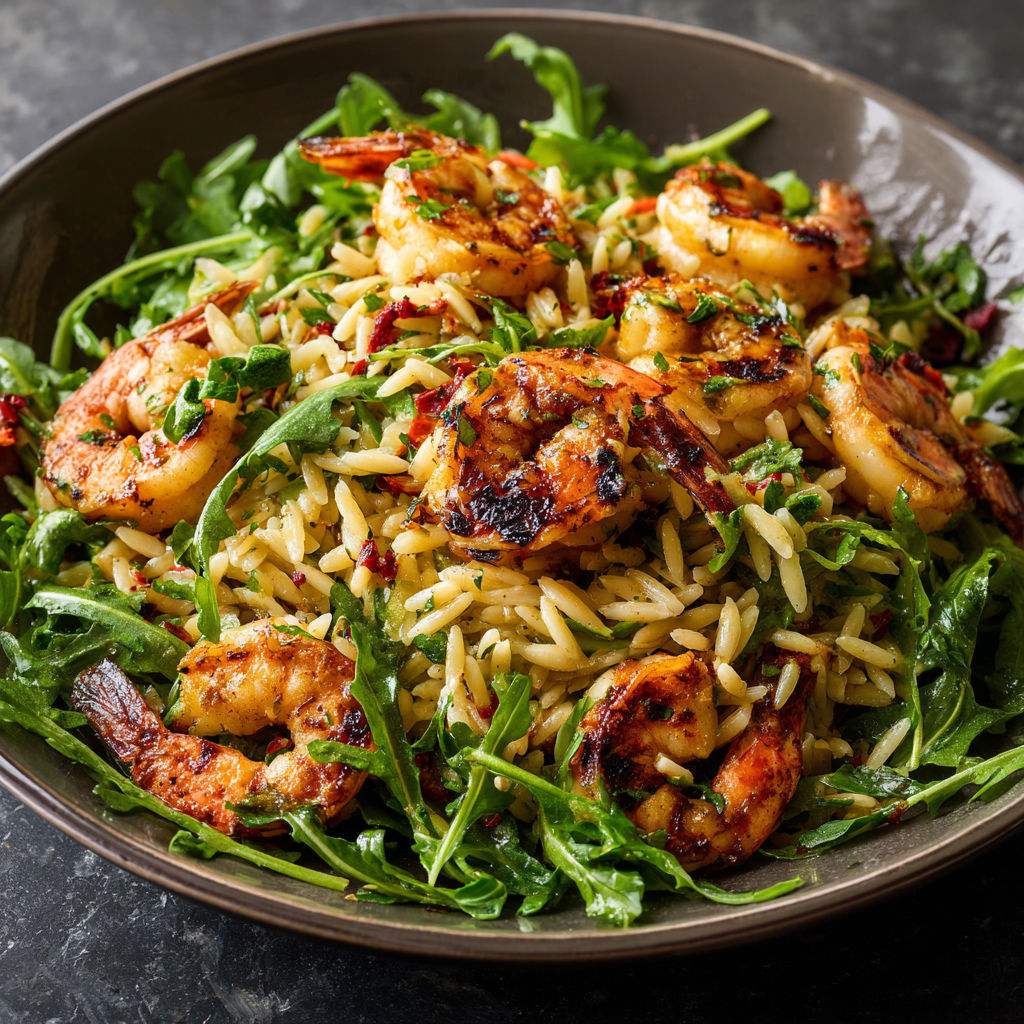 A bowl of grilled shrimp, orzo, and arugula salad.
