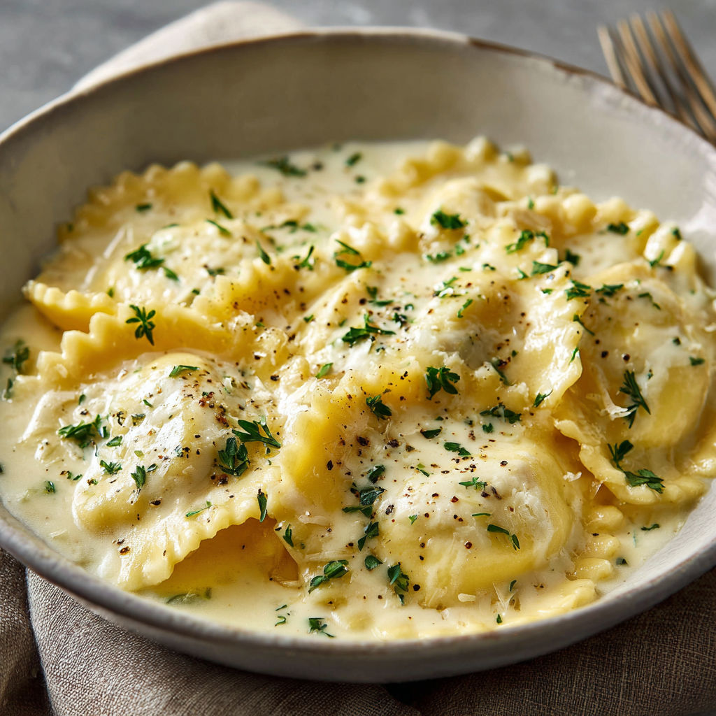 A bowl of pasta with white sauce.