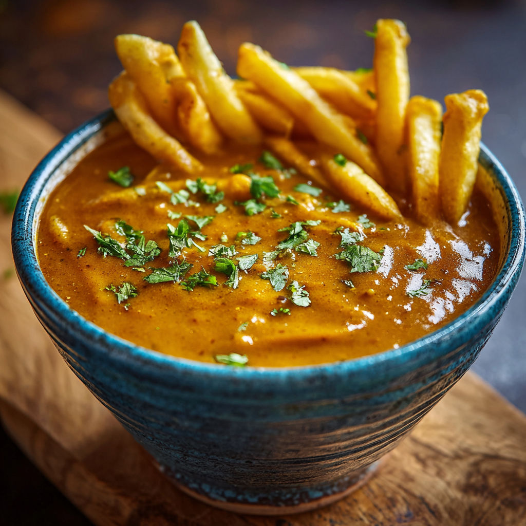 A bowl of curry with fries on top.