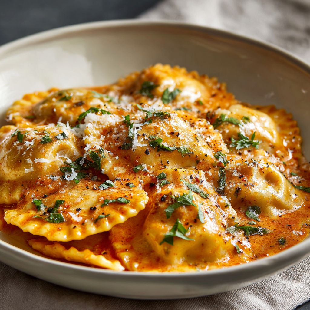 A bowl of homemade ravioli with a creamy sauce.