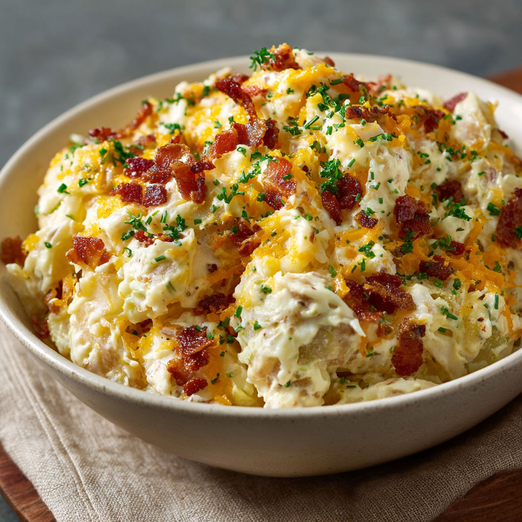 A bowl of food with bacon and cheese.