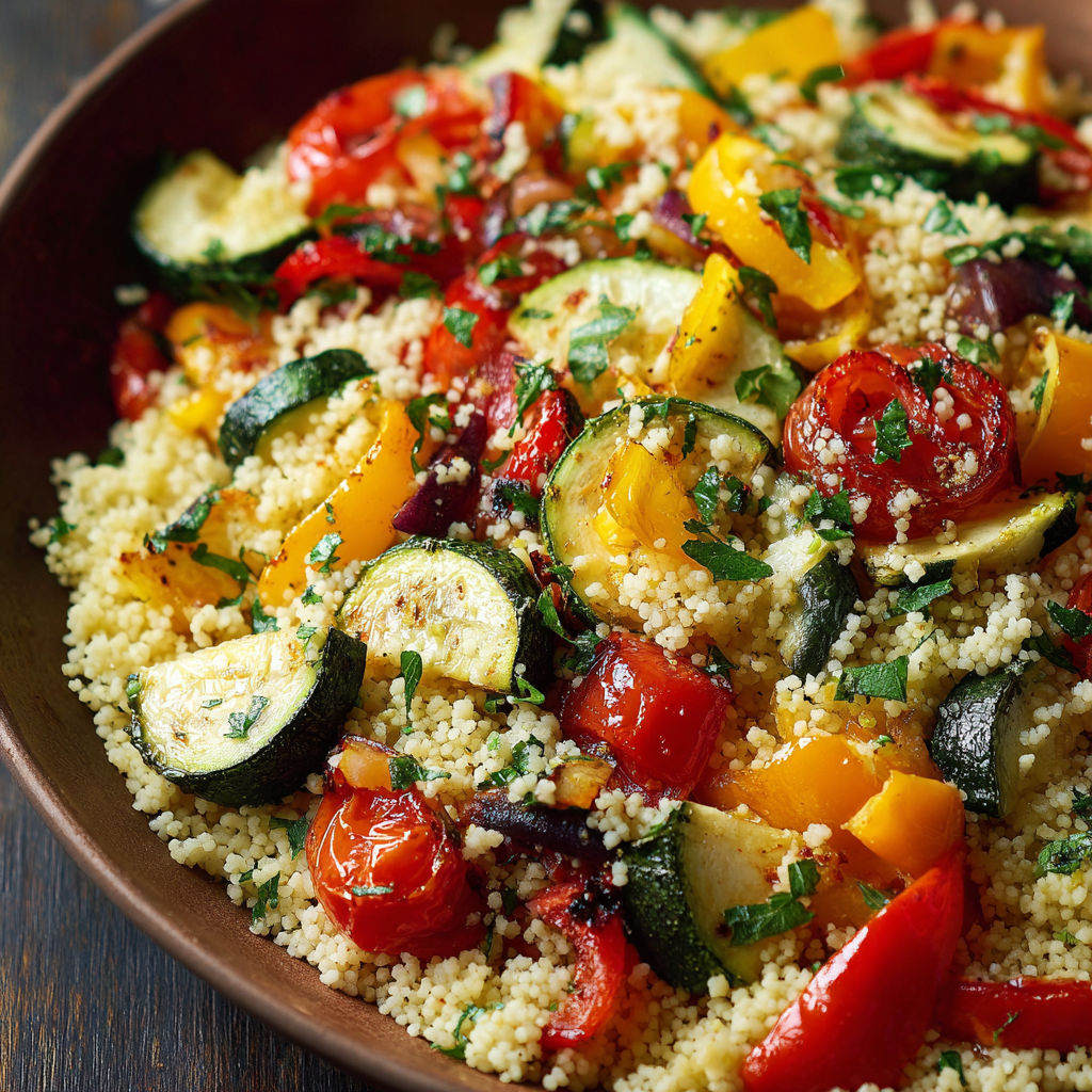 A bowl of roasted vegetables with couscous.