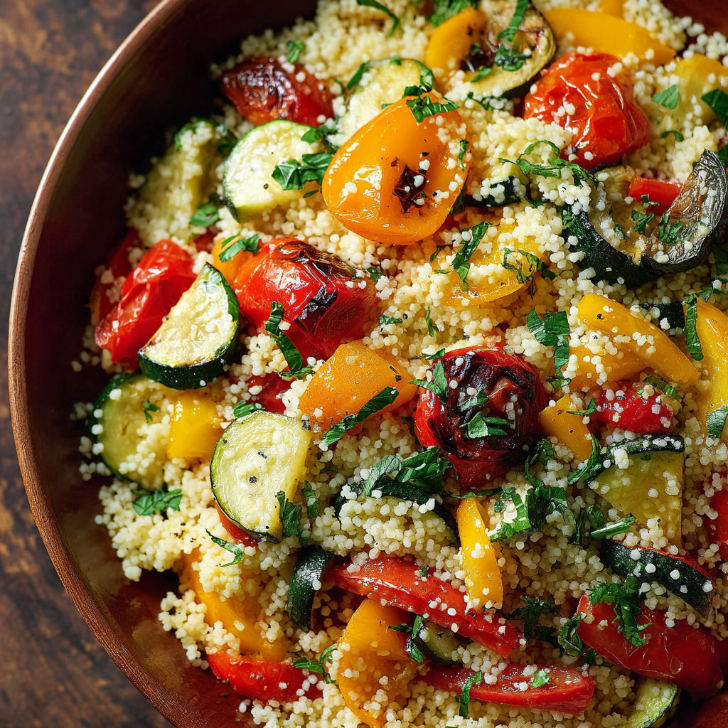 A bowl of roasted vegetables and couscous.