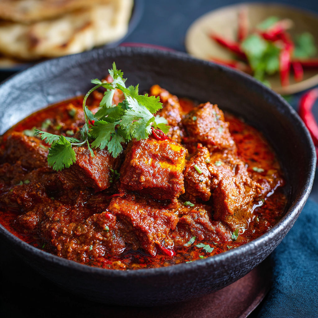 A bowl of paneer vindaloo with a spoon in it.