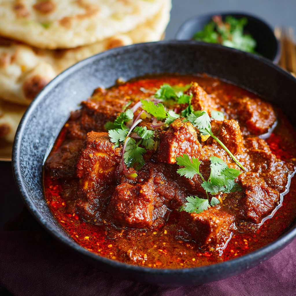 A bowl of paneer vindaloo with a spoon in it.