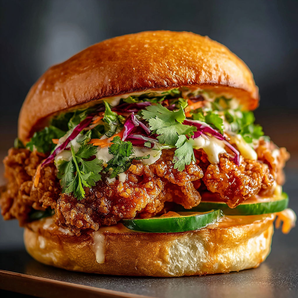 A sandwich with a variety of vegetables and sauces.