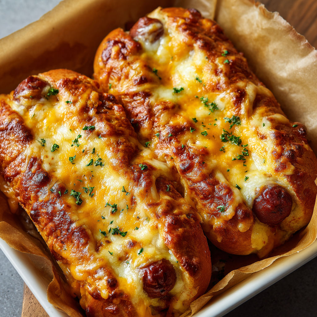 Two chili cheese dogs baked in a pan.