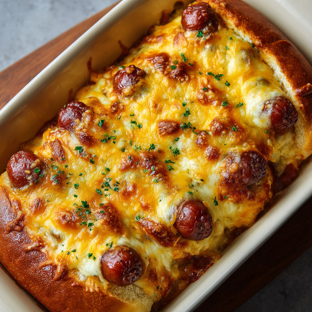A chili cheese dog bake in a pan.