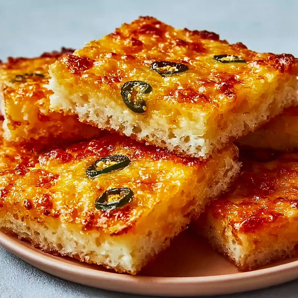 Jalapeño cheese squares on a plate.