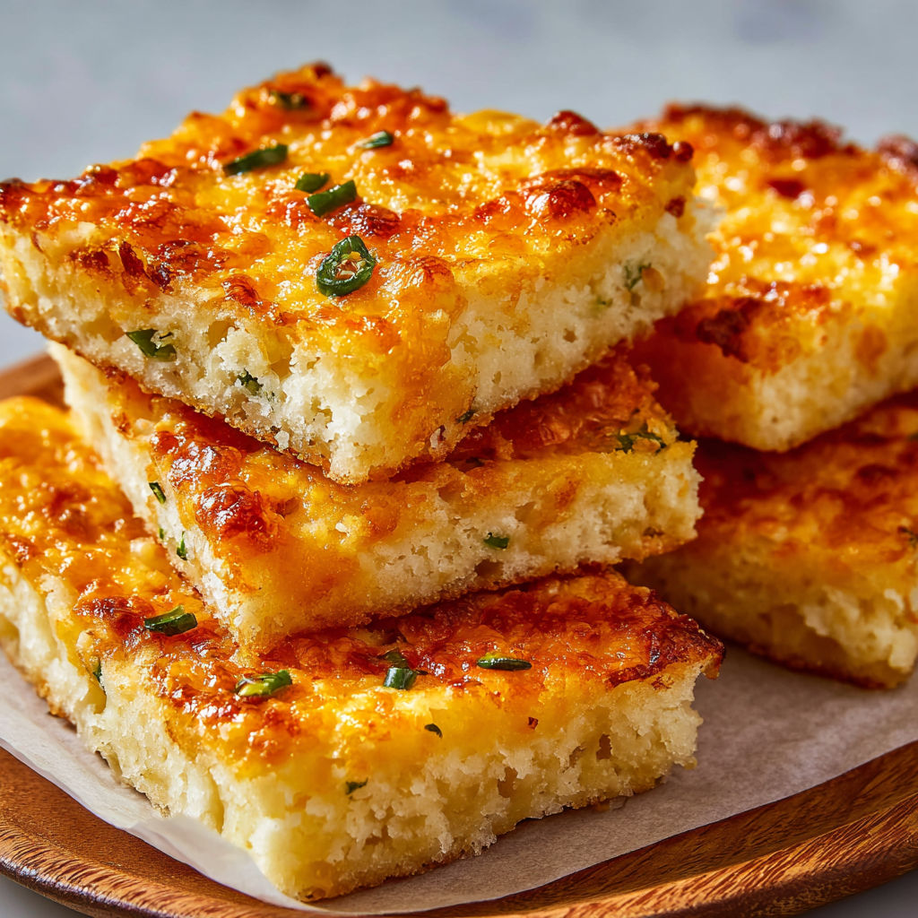 A stack of cheesy bread on a plate.