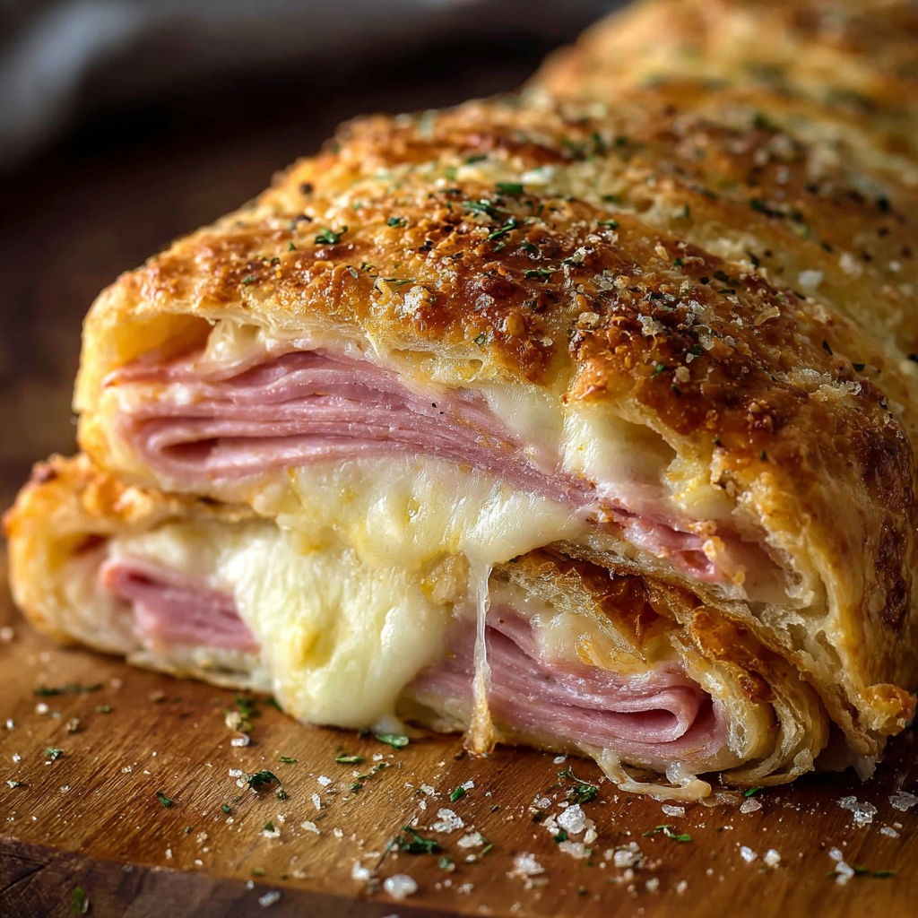 A close up of a delicious ham and cheese stromboli.
