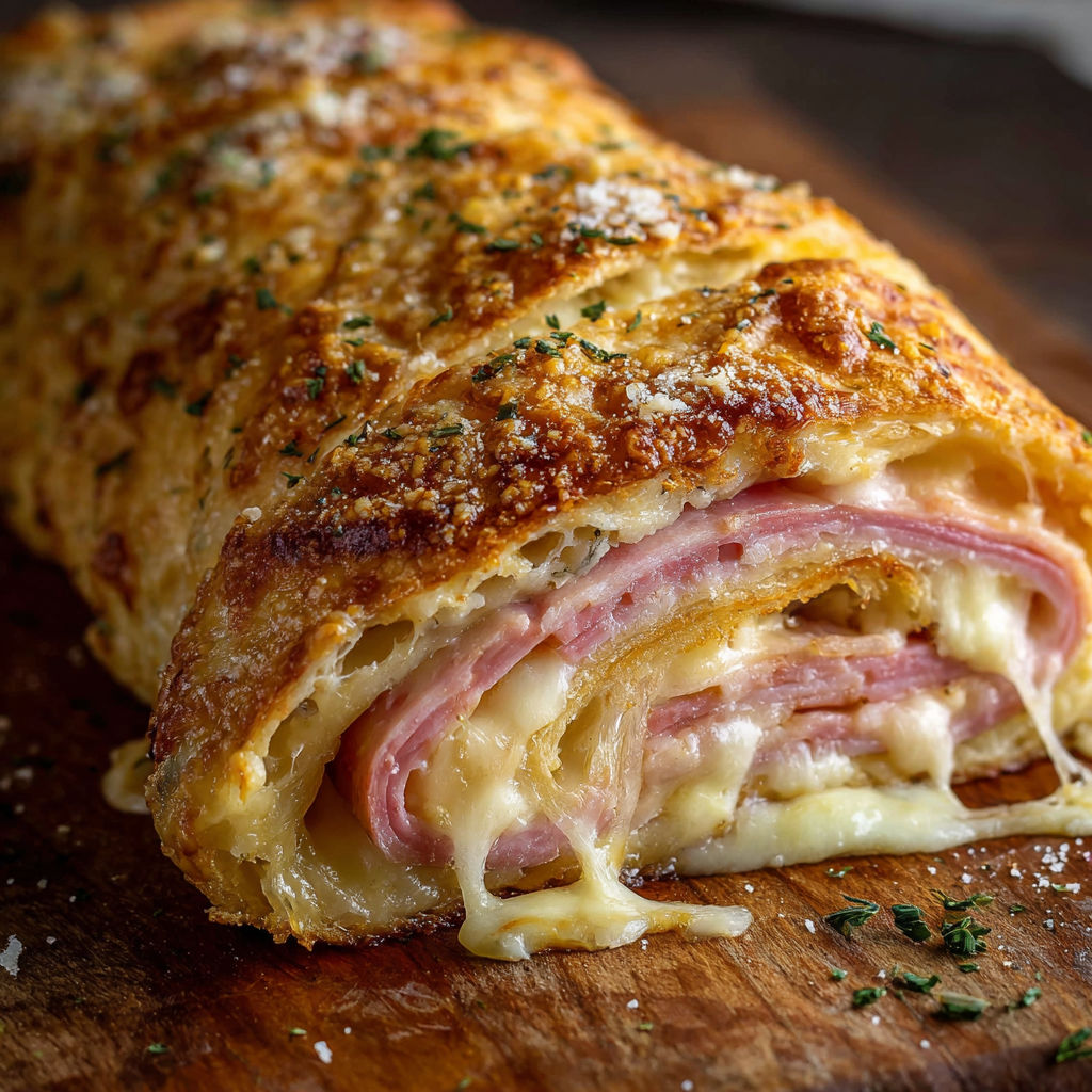 A close up of a ham and cheese stromboli.