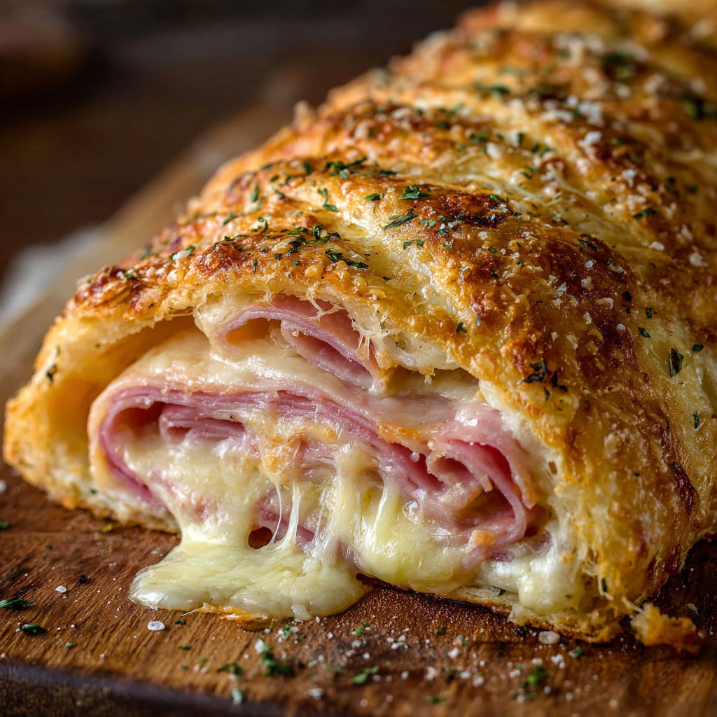 A close up of a delicious ham and cheese stromboli.