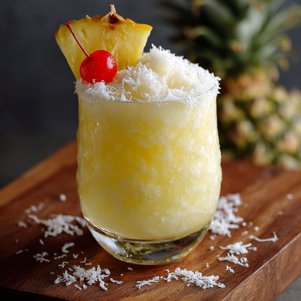 A glass of non-alcoholic pina colada punch.