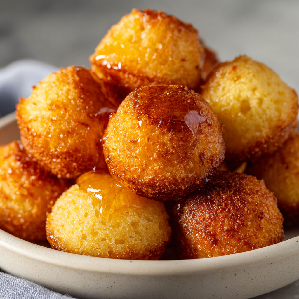 A bowl of fried dough with syrup on top.
