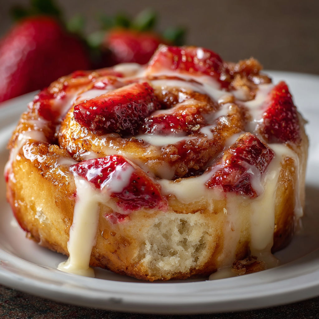 A white plate with a pastry and strawberries.