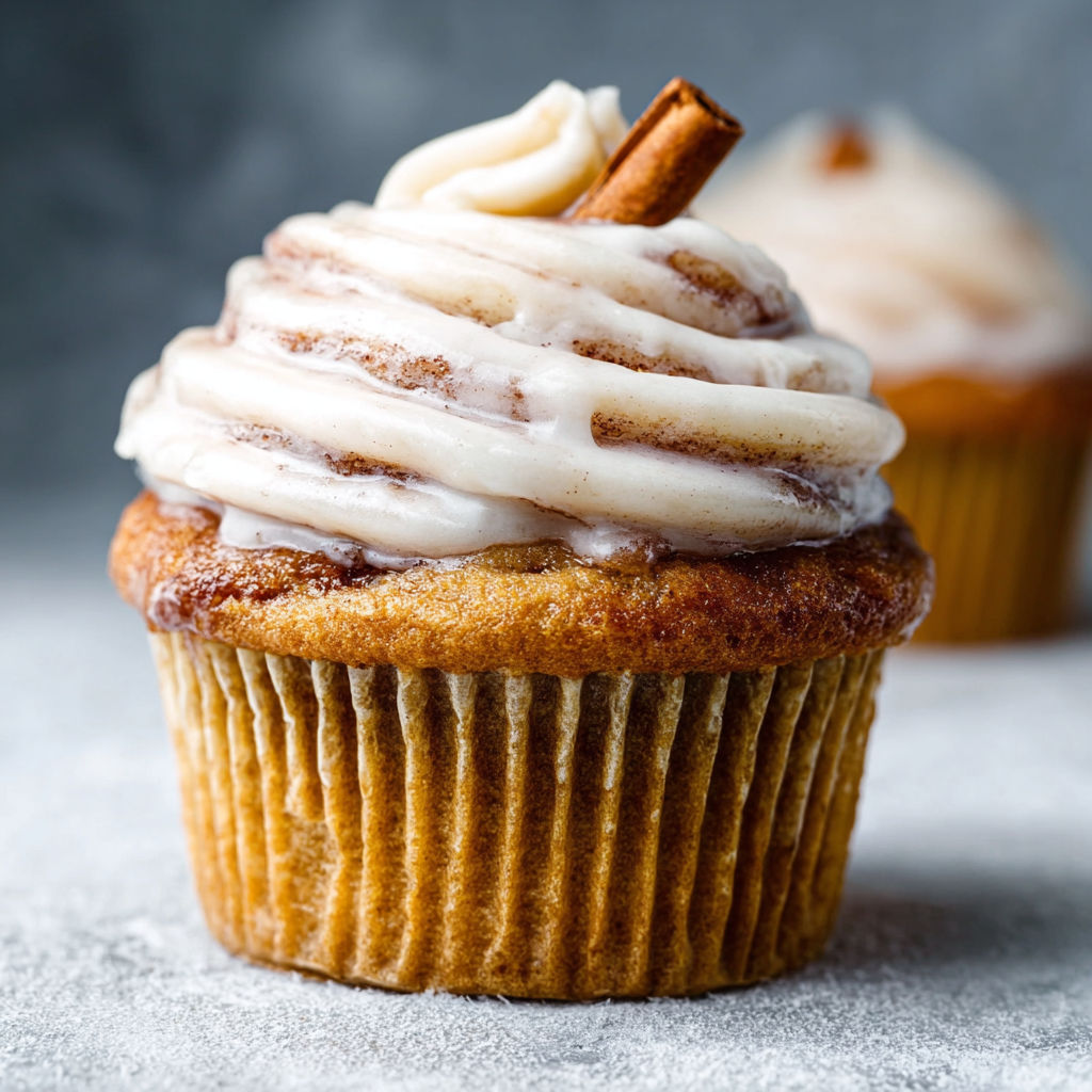 A cupcake with a cinnamon roll on top.