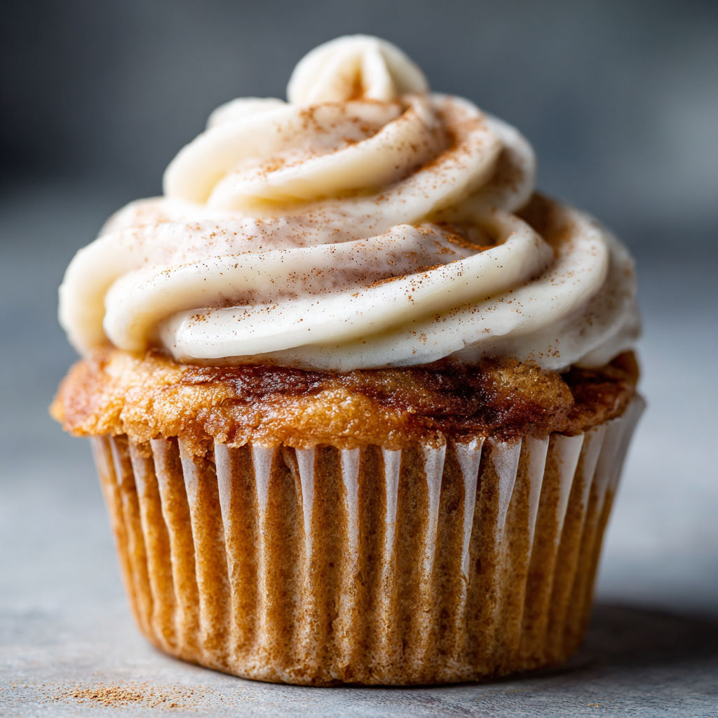 A cupcake with white frosting and cinnamon sprinkled on top.