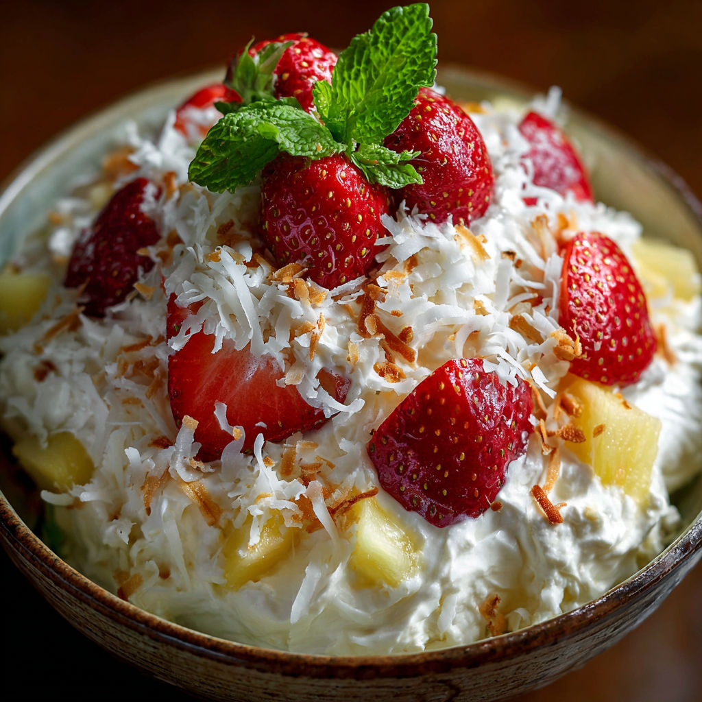 A bowl of Hawaiian cheesecake salad with strawberries and coconut.