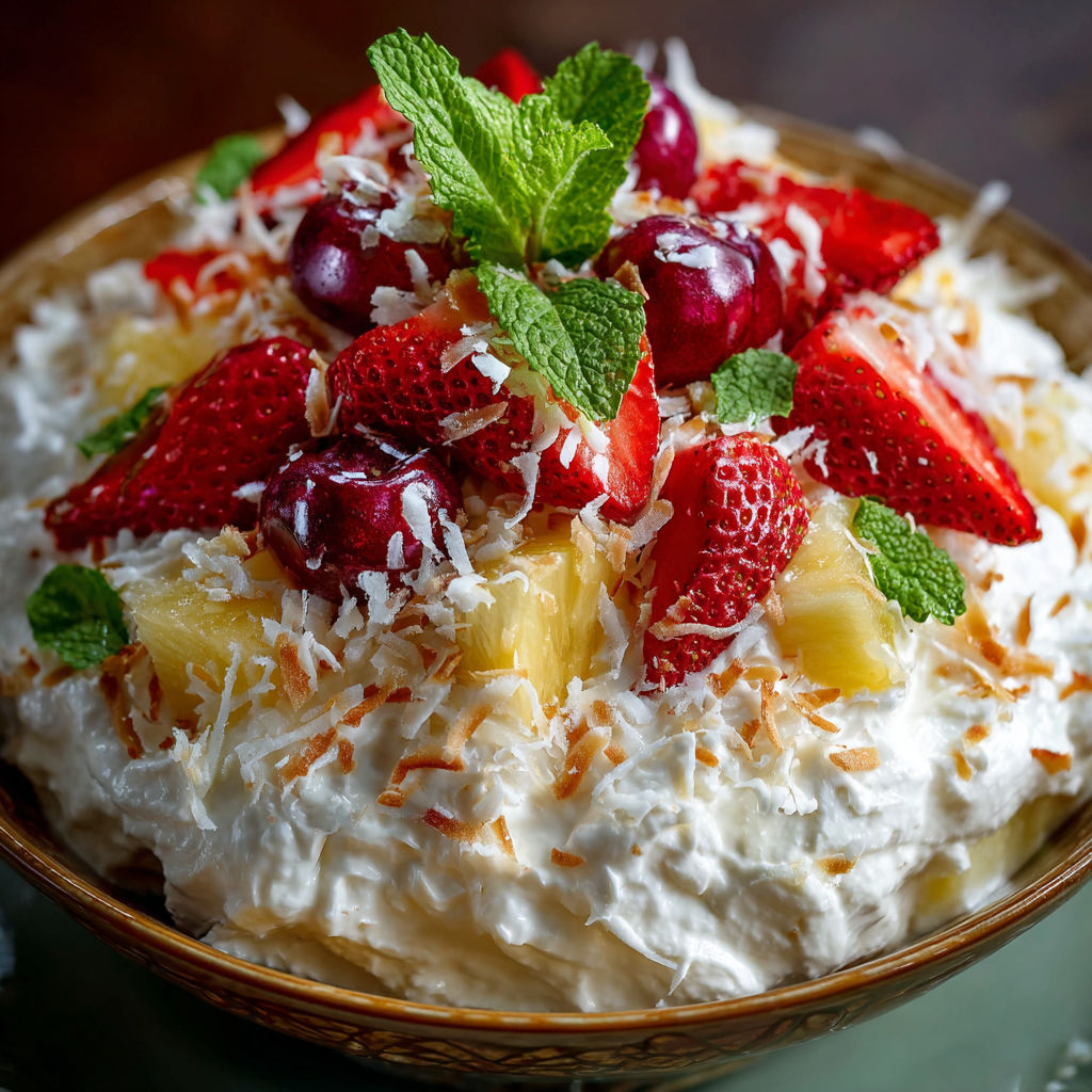 A bowl of fruit with strawberries, pineapple, and coconut.