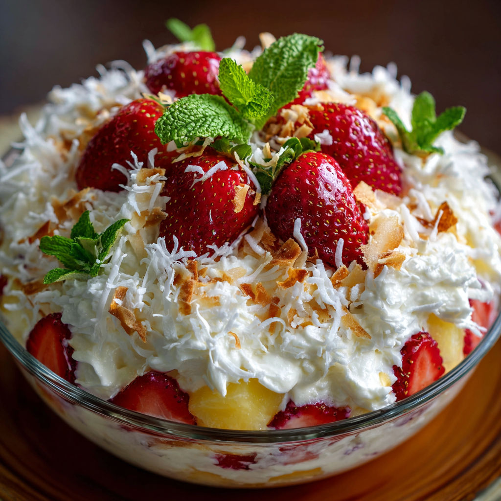 A bowl of fruit with strawberries and coconut.