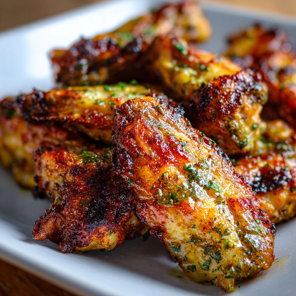 A plate of grilled chicken wings with herbs and spices.