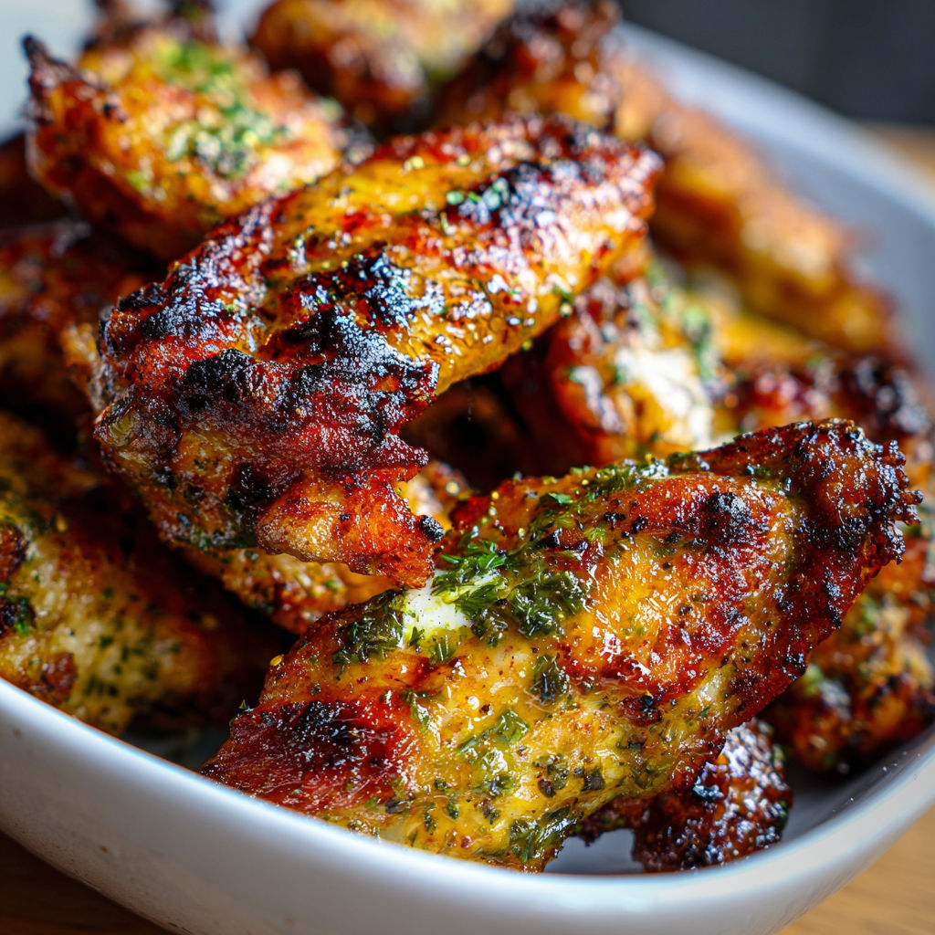 A plate of chicken wings with a green sauce.