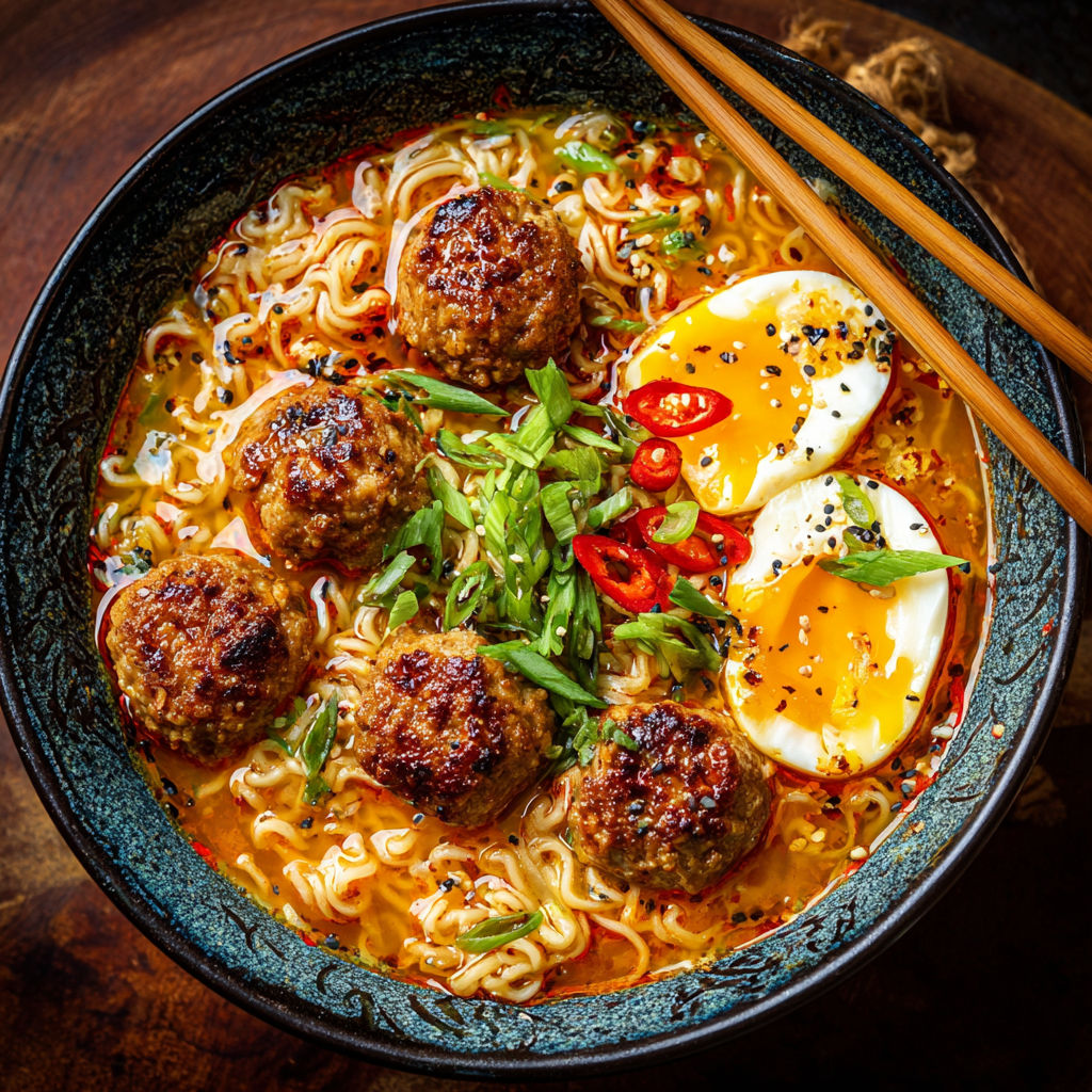 A bowl of General Tso's Meatball Ramen.