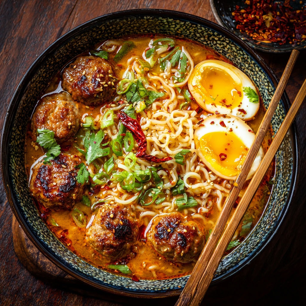 A bowl of noodles with meatballs and eggs.
