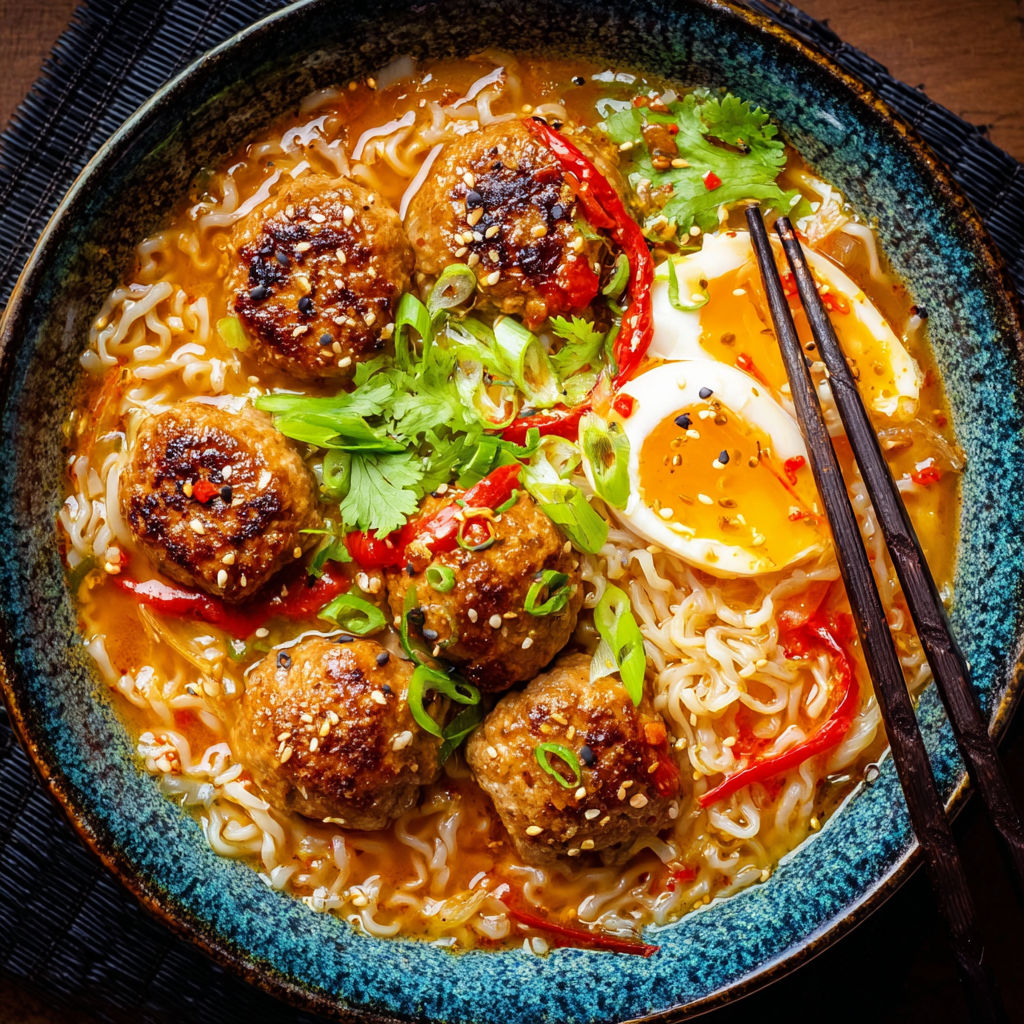 A bowl of noodles with meatballs and vegetables.