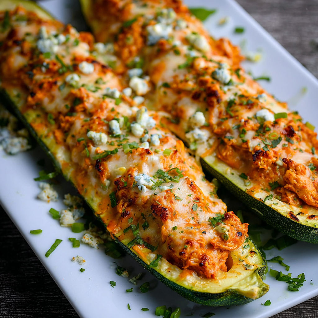 A plate of stuffed zucchini boats with cheese and sauce.