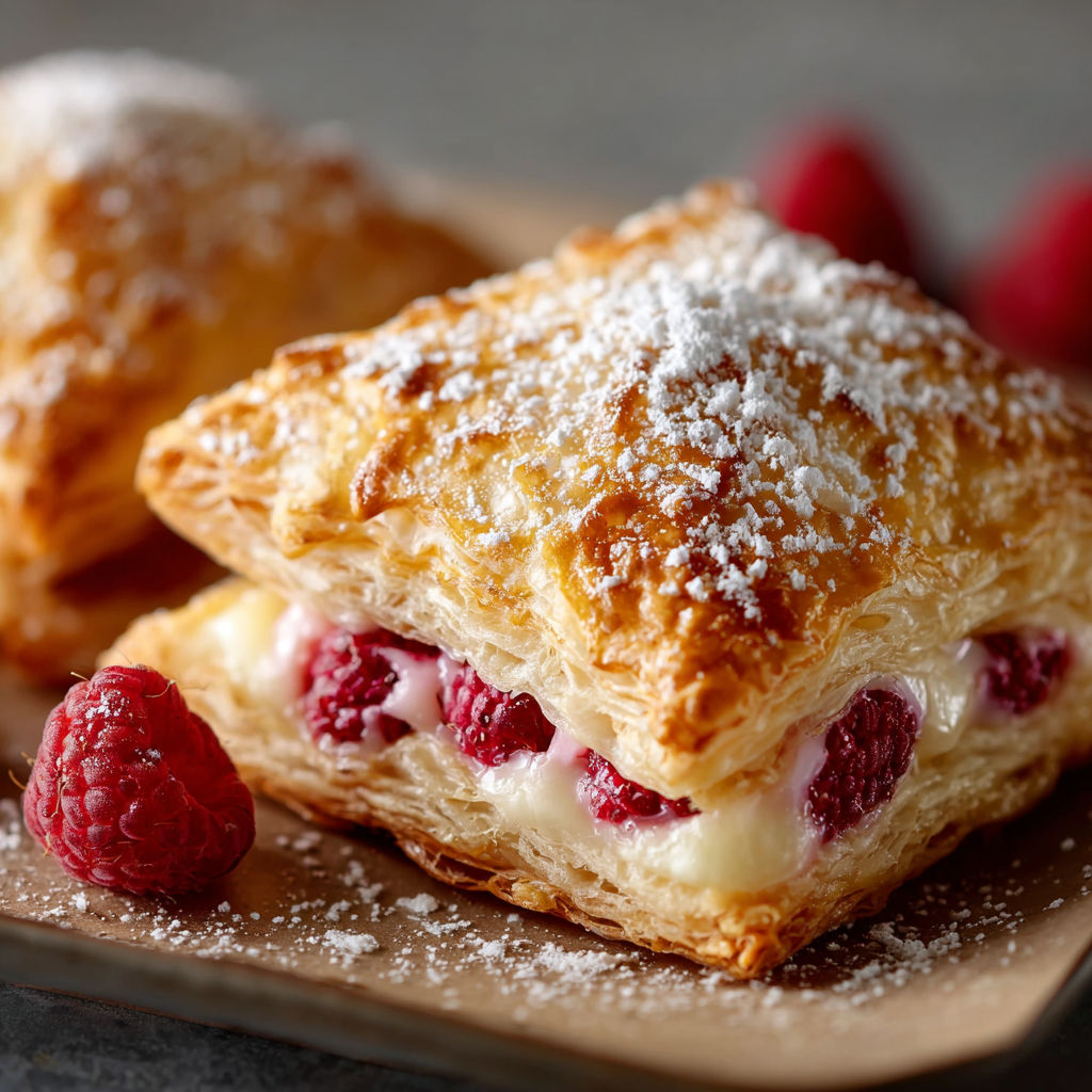 A pastry with white powder and a raspberry on top.