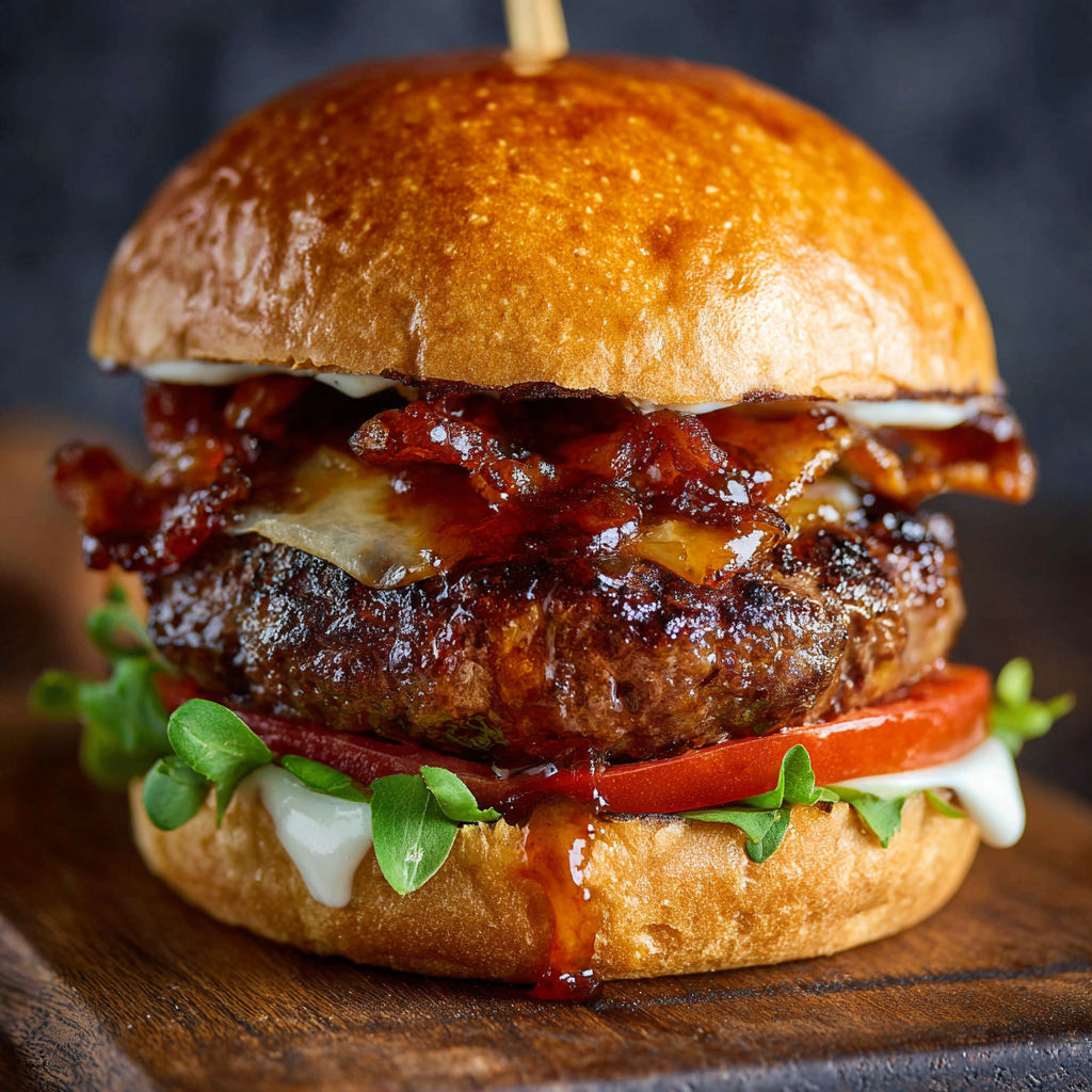 A burger with bacon and tomato on a bun.