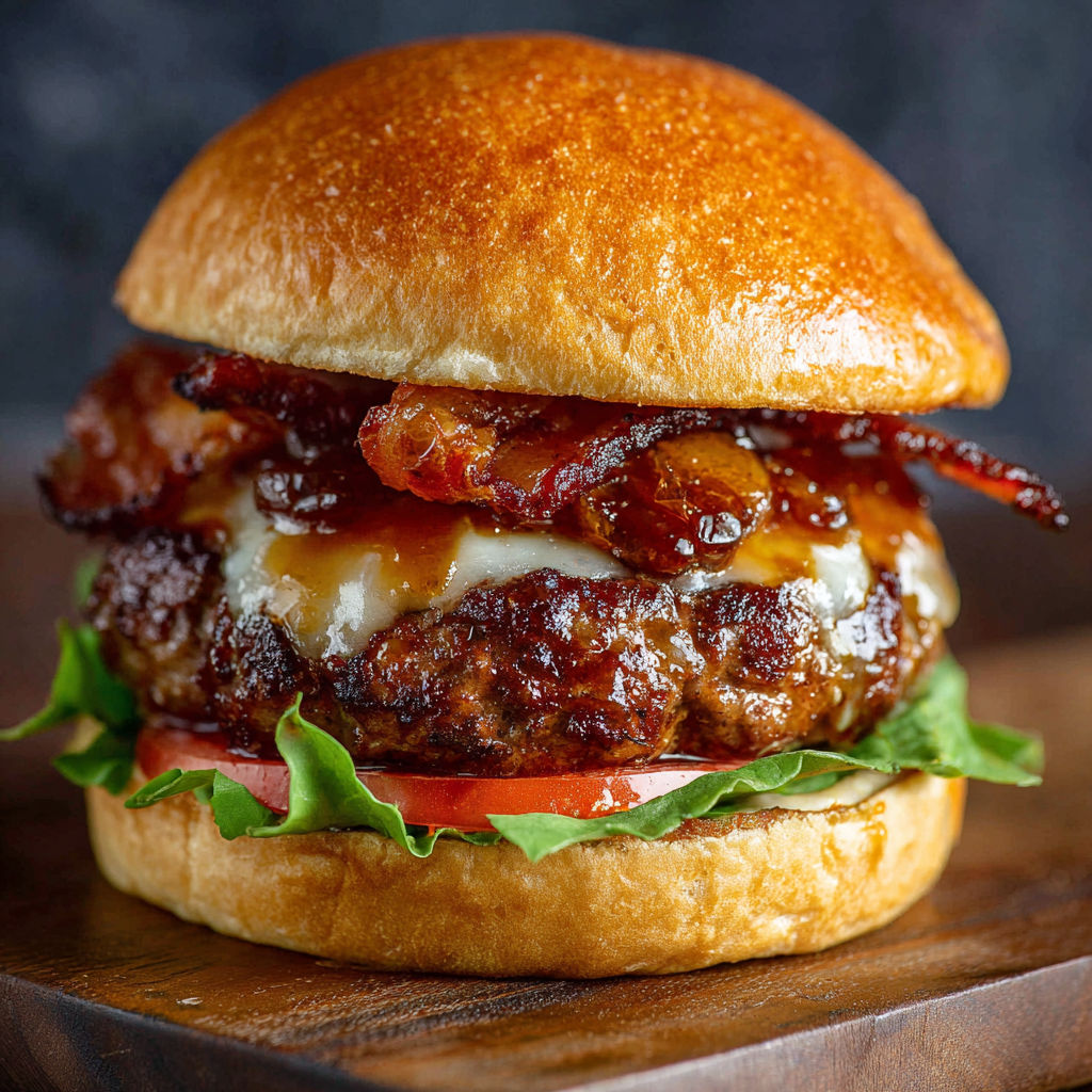 A close up of a bacon cheeseburger.
