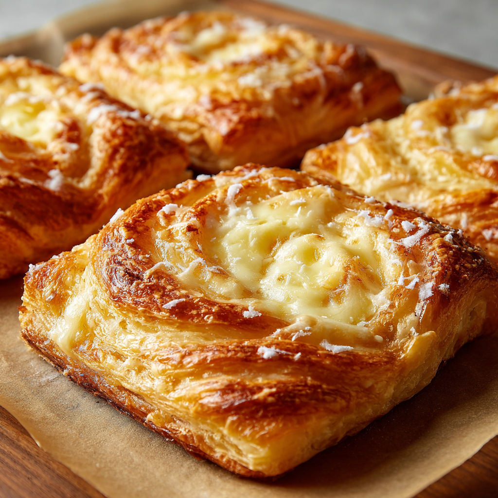 Three crescent shaped cheese danishes on a wooden board.