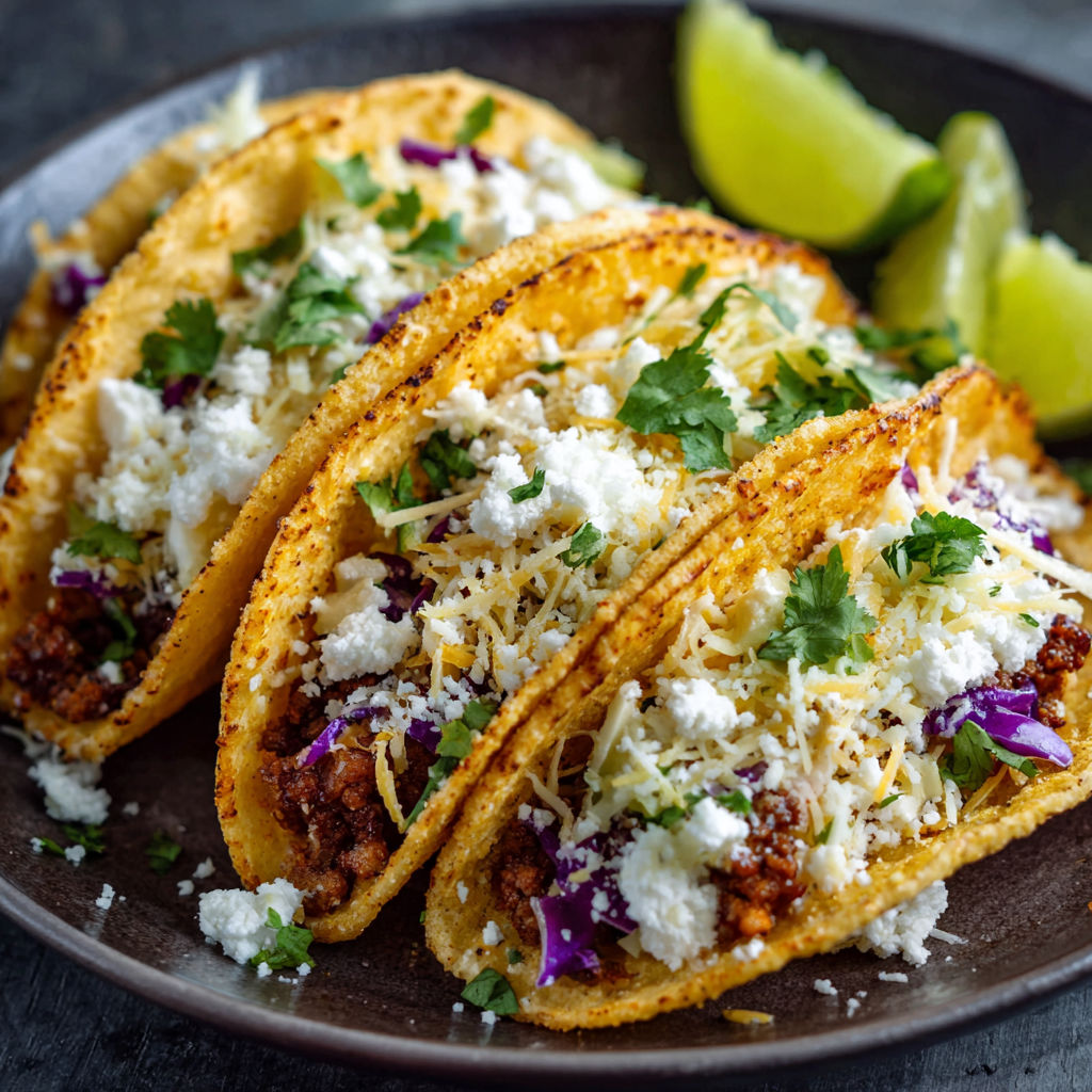 Three tacos with cheese and purple onions.