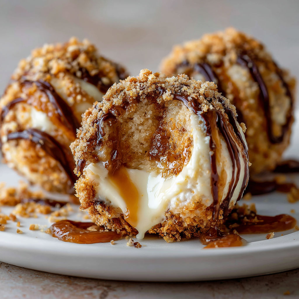 A plate of food with chocolate drizzled on top.