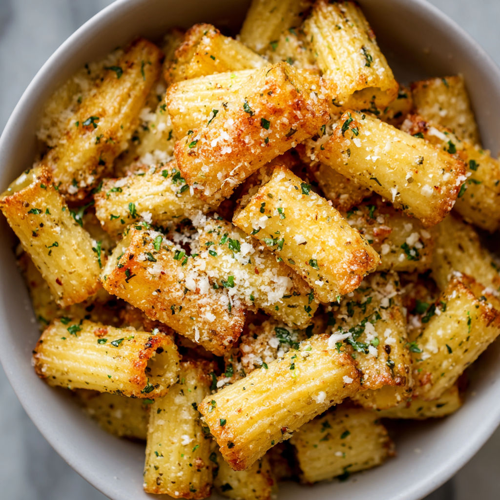 A bowl of pasta with cheese and herbs.