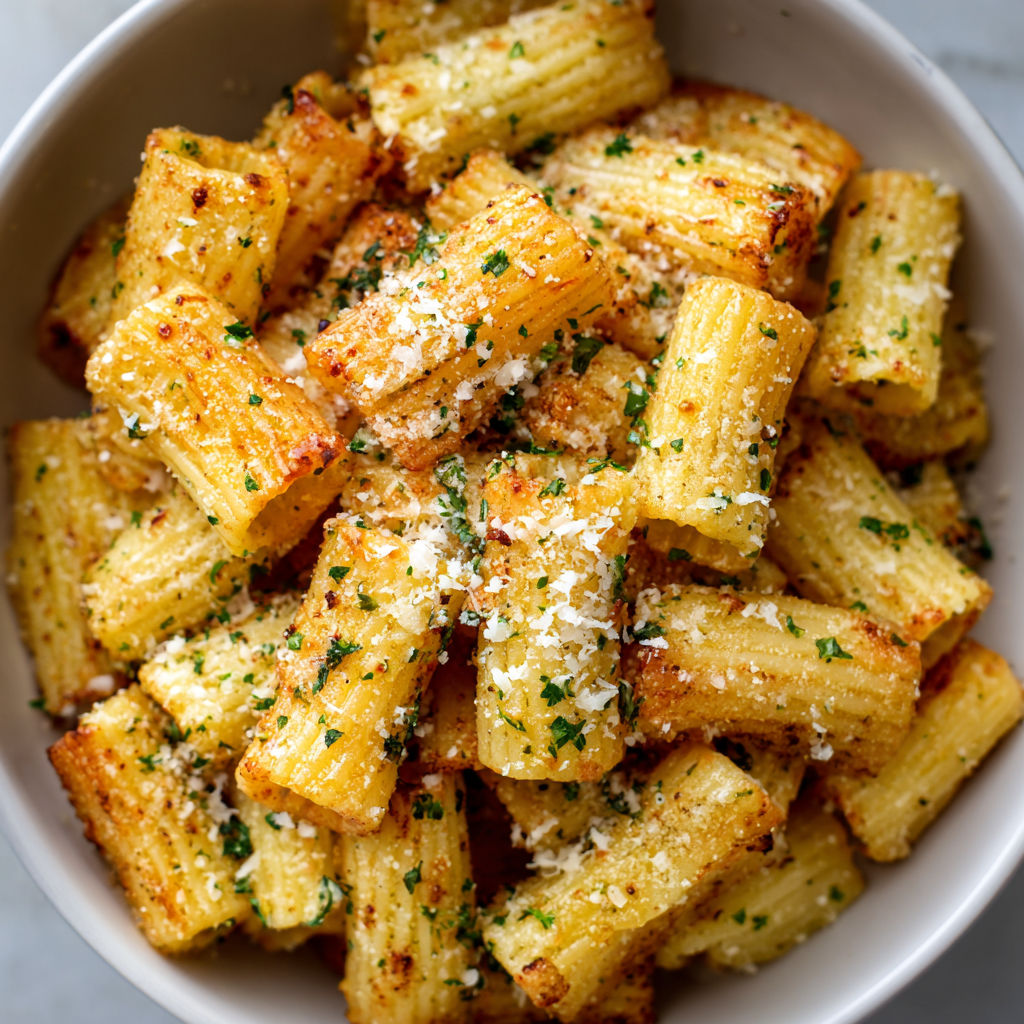 A bowl of pasta with cheese and herbs.