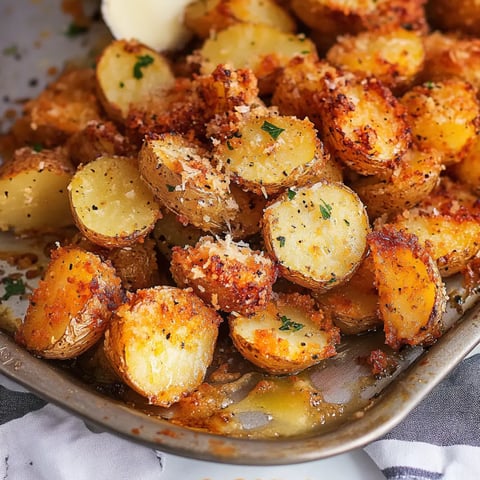 A zoomed-in shot of golden-brown baked potatoes, topped with fresh herbs and a sprinkle of cheese, resting in a serving dish.