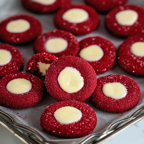 A plate of sparkly red cookies with creamy white middles, with a couple showing bite marks.
